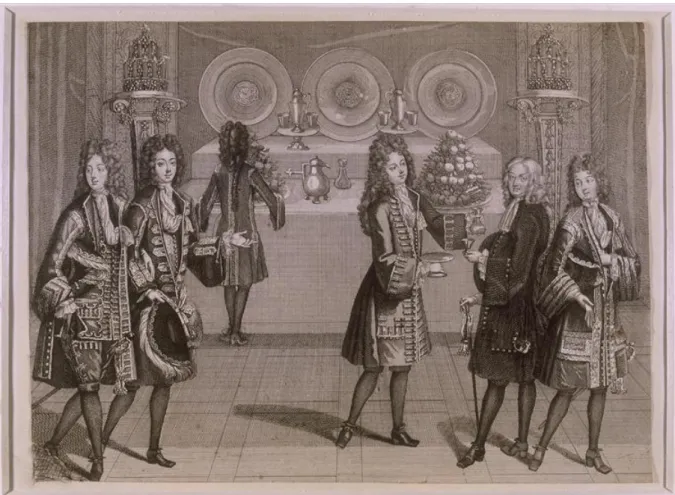 Figure 1. Antoine Trouvain (1656 - 1708) Buffet dressé pour la collation lors des soirées d'appartement à Versailles, 1696,  Photo (C) RMN-Grand Palais (Château de Versailles) / Gérard Blot 