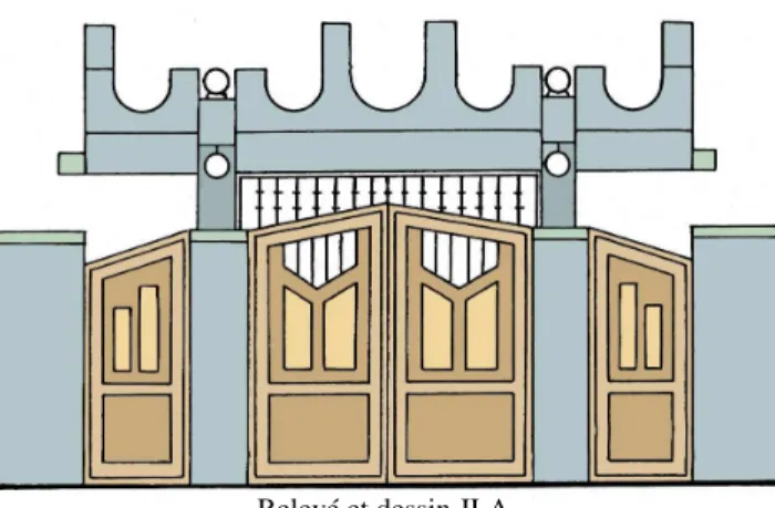 Fig. 6. Entrée de la cour d’une villa, le portail est couronné par un jeu d’arcs en béton armé   qui se développe à la fois en façade et en profondeur 
