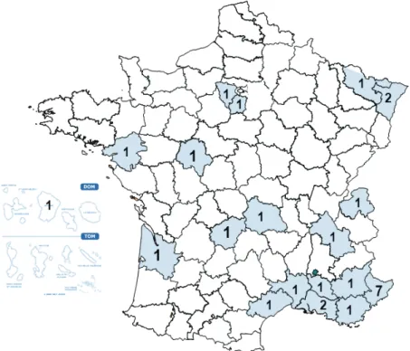 Fig 4 : Répartition géographique des médecins généralistes ayant participé à la formation  (par département) 