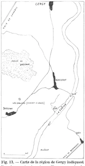 Fig.  13.  — Carte de la région de Gergy indiquant  l'emplacement  des  trouvailles  au  pué  de 