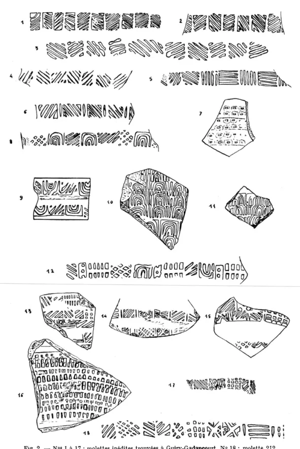 Fig. 2.  — Nos  1  à 17 :  molettes inédites  trouvées à  Guiry-Gadaneourt.  N° 18 :  molette  212  de Unverzagt et  Chenet, complétée par un relevé  sur un  vase de Guiry-Gadancourt