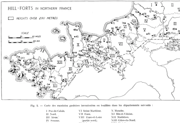 Fig.  2.  —  Carte  des  enceintes gauloises  inventoriées  ou  touillées  dans  les  départements  suivants  :  I Pas-de-Calais