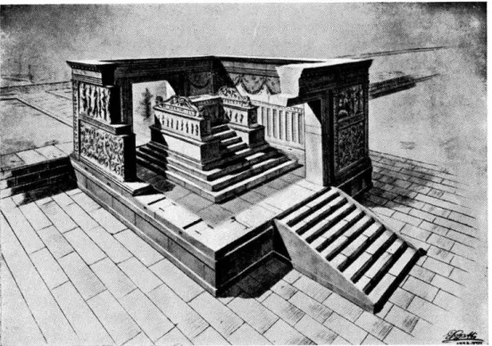 Fig. 13.  —  h' Ara Pads :  perspective  du  monument  montrant  l'autel et  son  couronnement