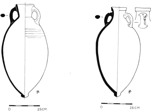 Fig.  10  et  11.  —  Épave  de  Porquerolles.  Amphores  ovoïdes  à  col  en  bourrelet  et  à  bouton  terminal