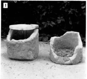 Fig.  3.  —  1  :  les deux cistes en  mollasse ;  2 :  le  mobilier ;  3  :  bols en terra sigillata;  4  :  vases  de fantaisie et  patèies  en terra sigillala;  5  :  poterie indigène,  lampe et  couteau ;  6  :  verrerie