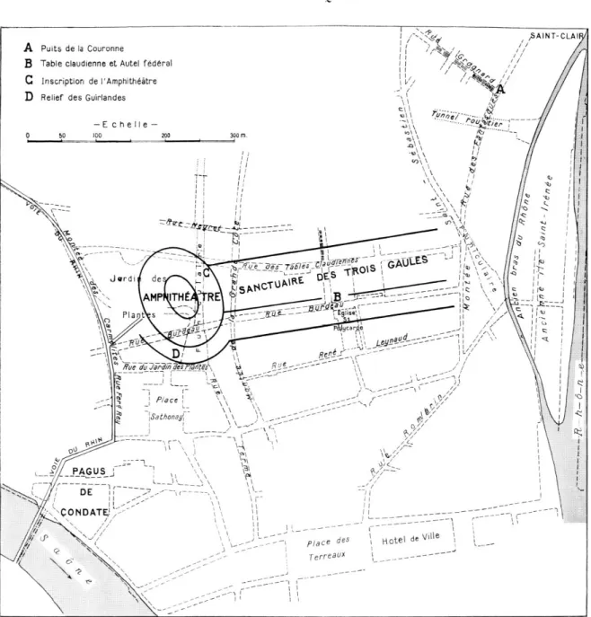 Fig.  1.  —  Plan du quartier  du sanctuaire fédéral des Trois Gaules, à  Lyon.  Sont indiqués par des lettres les points  où ont été découverts la couronne dite des Fantasques (A), la Table Claudienne (B), l'inscription de l'amphithéâtre (G) 
