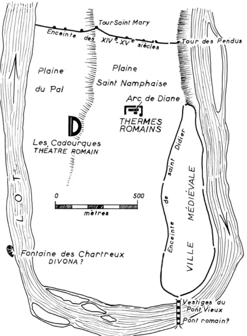 Fig.  1.  —  Les enceintes  médiévales  de Cahors et  le site des thermes. 