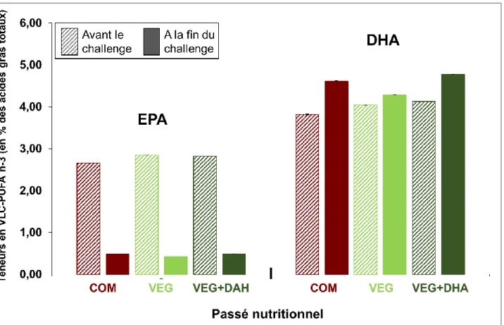 Figure 5. Comparaison des teneurs corporelles des descendants en EPA et en DHA  avant et à la fin du challenge VEG+DHA (en % des acides gras totaux)