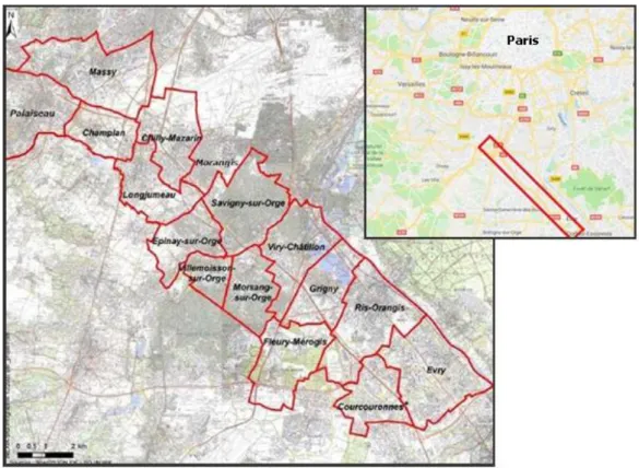 Figure 1 : Situation géographique et périmètre de la zone d’étude (Source : IGN IDF – BD IAURIF)  Ce territoire est situé en grande couronne d’Île-de-France sous l’influence de la capitale