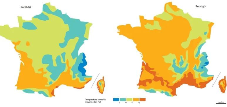 Figure 2 Evolution des températures annuelles moyennes en France entre l'année 2000 et  2050 