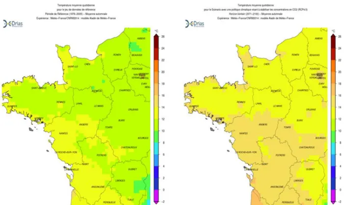 Figure 4 : Température moyenne quotidienne automnale pour le scénario RCP 4.5 de nos jours  (à gauche) et à l’horizon lointain, 2071-2100, (à droite)