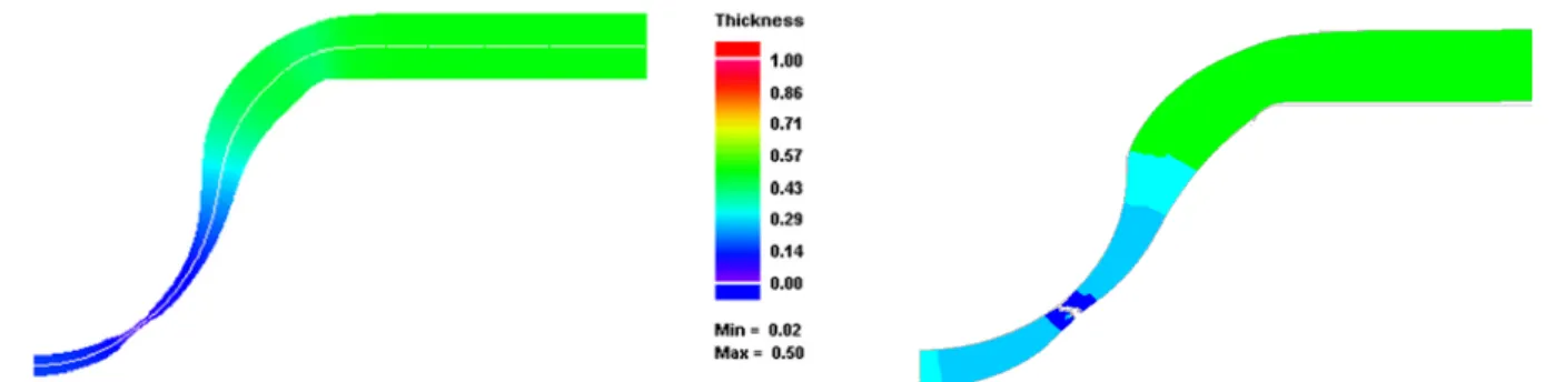 Figure 3 : Visualisation de l’épaisseur de l’échantillon avec la simulation avec FORGE2005 (à droite)  et PAMSTAMP (à gauche) 