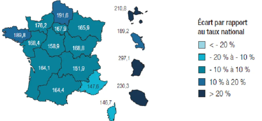 Figure 2 : Taux standardisés régionaux de patients hospitalisés pour AVC en 2014. 