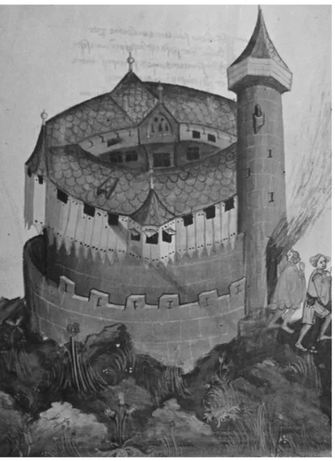 Fig. 1 : Représentation d’un château idéal de plan circulaire avec fausse‐braie, tour‐maîtresse d’entrée et hourds. 