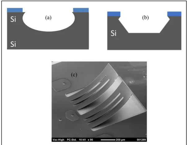Figure 1.4 (a) Isotropic, and (b) Anisotropic etch profile, and,  (c) Cantilever beam fabricated by Bulk Micromachining 