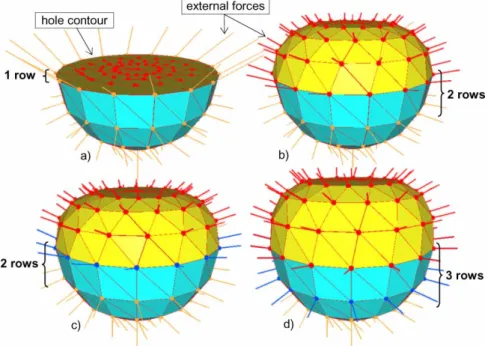 Figure 10. Minimization of φ F applied to free nodes and to nodes of the hole contour (a, b)