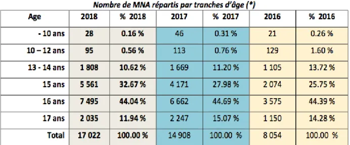 Figure n°1   Nombre de MNA répuartis puar tranches d’âge de 2016 à 2018. 