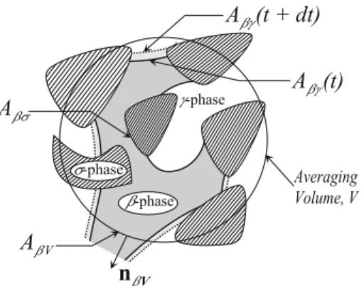 Fig. 2 The averaging volume V containing the evolving volume V β ( t ) enclosed at t by the surfaces A βσ ( t ) , A βγ ( t ) and A β V ( t )