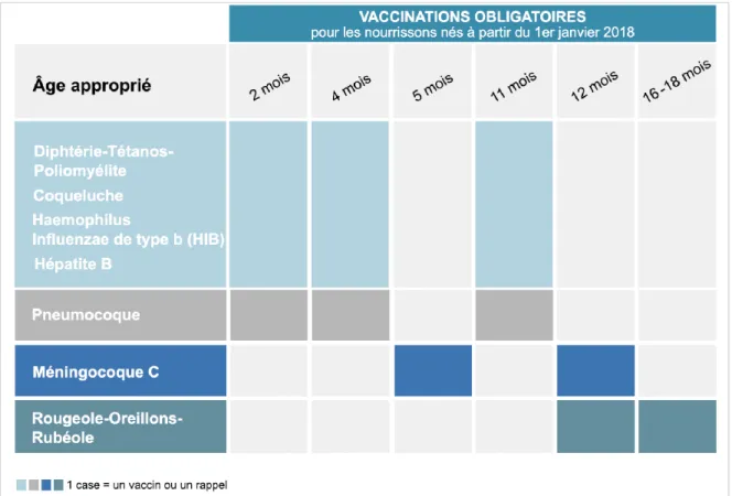 Tableau 1:   Calendrier vaccinal obligatoire des nourrissons nés à partir du 1er janvier  2018 (1) 
