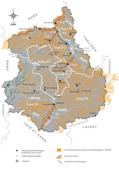 Fig. 3 -  Carte de zonage de la couverture  limoneuse en Eure-et-Loir. La couverture  limoneuse du département est subdivisée, selon  ces caractéristiques pédo-sédimentaires, en six  zones de plateau (P1 à P6) et cinq zones de  versant (V1 à V5)