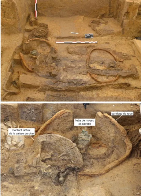 Fig. 12 : Vues in situ du char à deux  roues et vue de détail de son montant  latéral