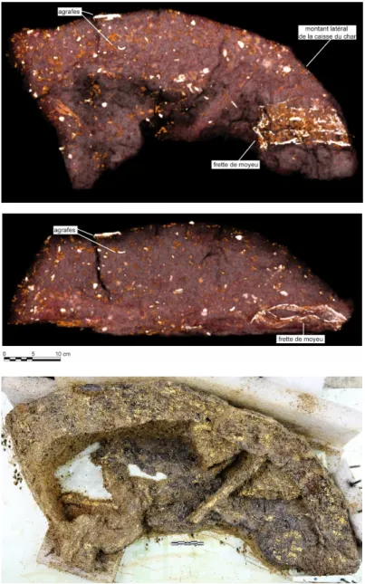 Fig. 13 : Tomodensitométries, vues  zénithale et de face du montant latéral  de la caisse du char et des pièces  masquées dans le prélèvement (frette  de moyeu, agrafes)