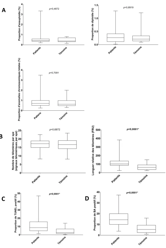 Figure 14 : Altérations du noyau spermatique observées chez les patients et les témoins  (A)  Fréquence  des  anomalies  chromosomiques  des  spermatozoïdes