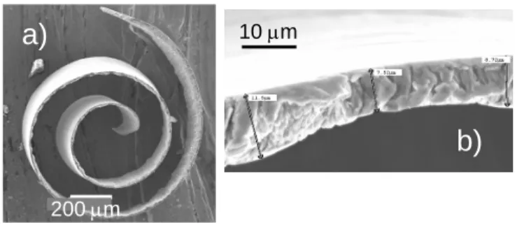 Figure 2  SEM photographs of a copper span a) overall view, b) edge view  showing thickness variations (h c  &lt; 5 μm,  γ  = 20°)