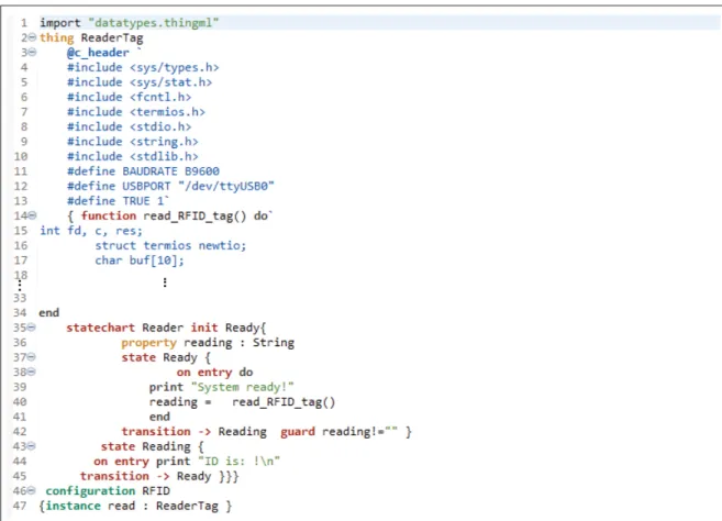 Figure 3.8 Spéciﬁcation du Lecteur de Tags RFID en utilisant ThingML