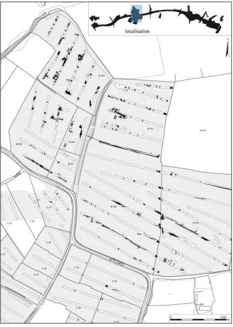 Fig. 4 -  Un exemple de secteur dense en  vestiges : le site 3.  (Loïc Ménager &amp; Laurent Vipard,  Inrap)