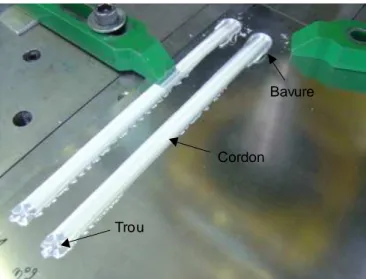 Figure 2 : photographie de deux cordons réalisés en pleine tôle, alliage 6082T651 6mm  Il existe trois technologies d’outils (voir figure 3) [5]