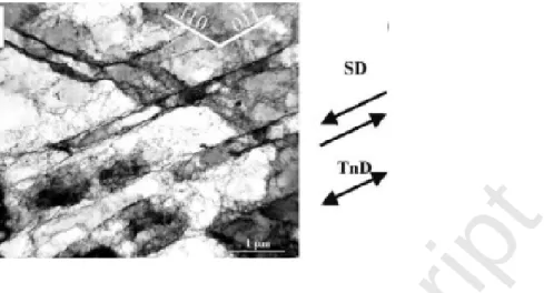 Fig. 9. Longitudinal plane view TEM micrograph of a (33.9, 55.9, 137.4°)-oriented grain in a  specimen after a cross test, consisting of 10% tensile deformation in RD followed by 20% 