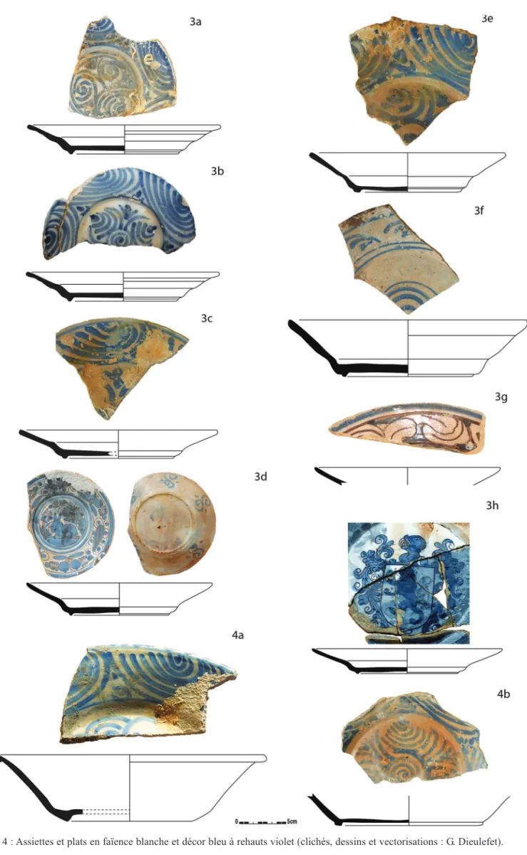 Fig. 4 : Assiettes et plats en faïence blanche et décor bleu à rehauts violet (clichés, dessins et vectorisations : G