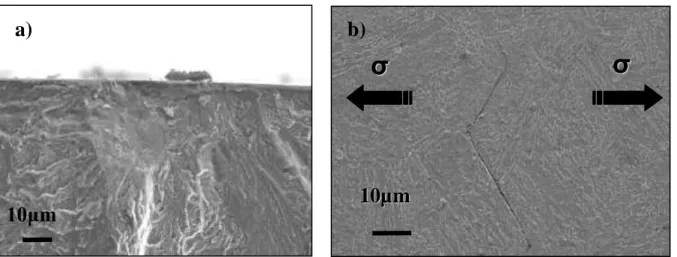 Figure 5: a) Fracture surface initiation site b) Crack path in bainite  microstructure on specimen surface