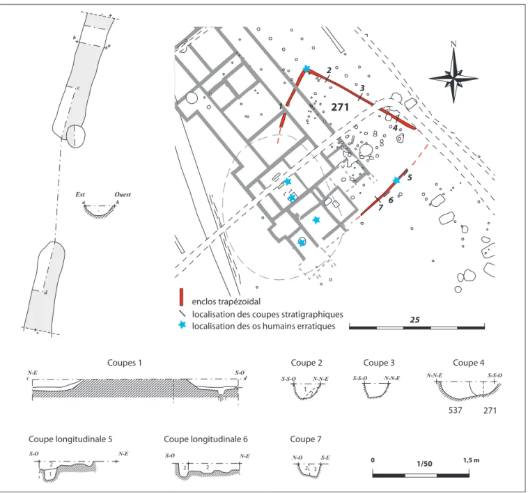 Fig. 8. Coupes stratigraphiques réalisées sur le tracé de l’enclos trapézoïdal laténien (DAO : G