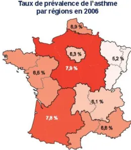 Figure 2 : Taux de prévalence de l’asthme par régions en 2006 