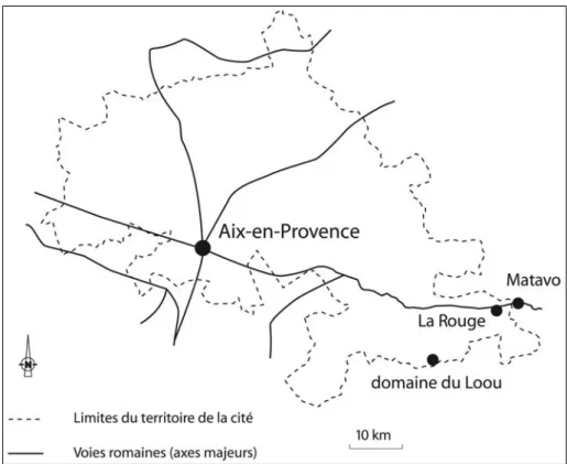 Fig. 1. Le domaine du Loou et le site de la Rouge sur le territoire de la ciuitas d’ Aquae Sextiae (carte M