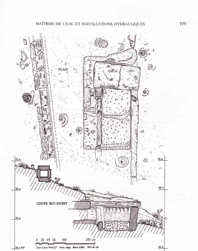 Fig. 13  -  Clanum  (Saint-Rémy-de-Provence,  B.-du-Rh.),  fouille  de  la  maea  du  &lt;théâtre&gt;  :  plân et  coupe  du collecteur n&#34;  2  et de  I'aqueduc  (S