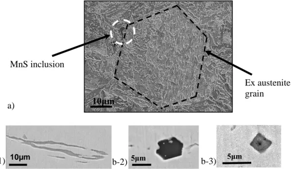 Fig. 1: Metasco ® MC steel a) Microstructure (SEM Images) b) Types of Inclusion (SEM  Images)