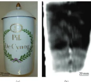 Figure 6: (a) Photograph of the apothecary jar (inventory number 95.34.2), (b) transmission CW image obtained at 110 GHz.