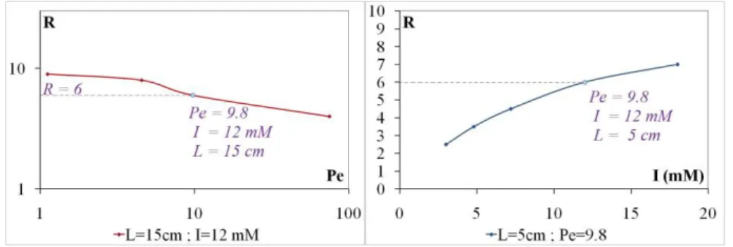 Fig. 1: Evolution du facteur de retard en fonction des conditions hydrodynamique et de la physico-chimie du milieu poreux  