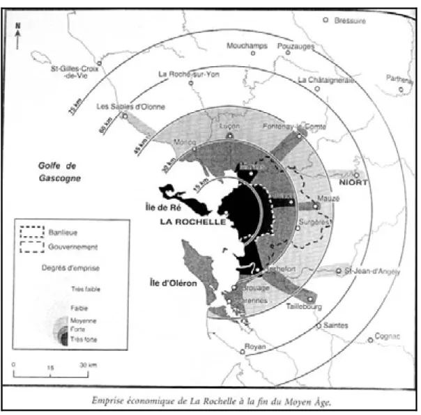 Figure 3 : Espace économique de la Rochelle à la fin du Moyen Âge (Tranchant 2003). 