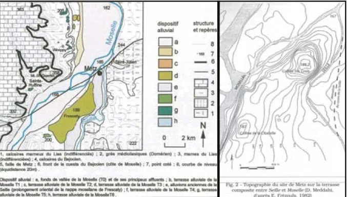 Figure 7 : carte géologique de Metz (CAG Metz 2005 p. 37).      Figure 8 : Courbes de niveau de Metz  (CAG Metz 2005 p