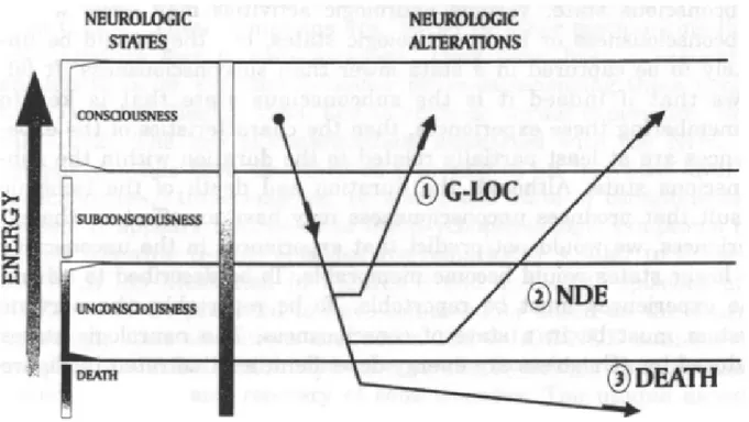 Figure 2 : Comparaison des processus « énergie-dépendant » théoriques associés aux épisodes de pertes de consciences liées  à l’accélération (G-LOC) avec les Expériences de Mort Imminente (EMI)