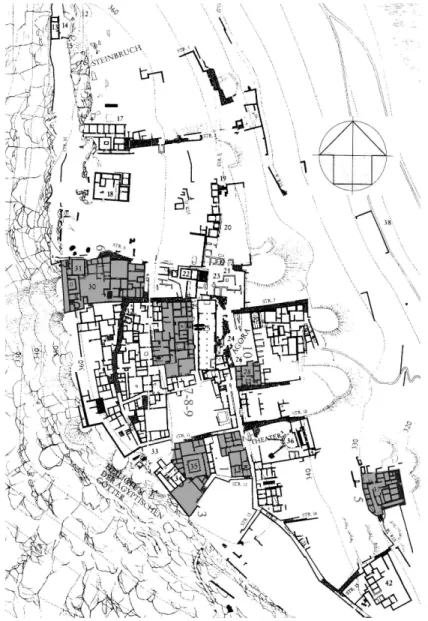 Fig. 3 – Plan général du centre de Théra avec la localisation des maisons,   d’après Fr
