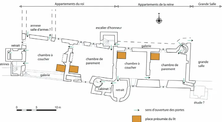 Fig. 2 : Hypothèse de reconstitution des logis du XV e s. comprenant les sens de circulation et les emplacements des lits par Solveig Bourocher.