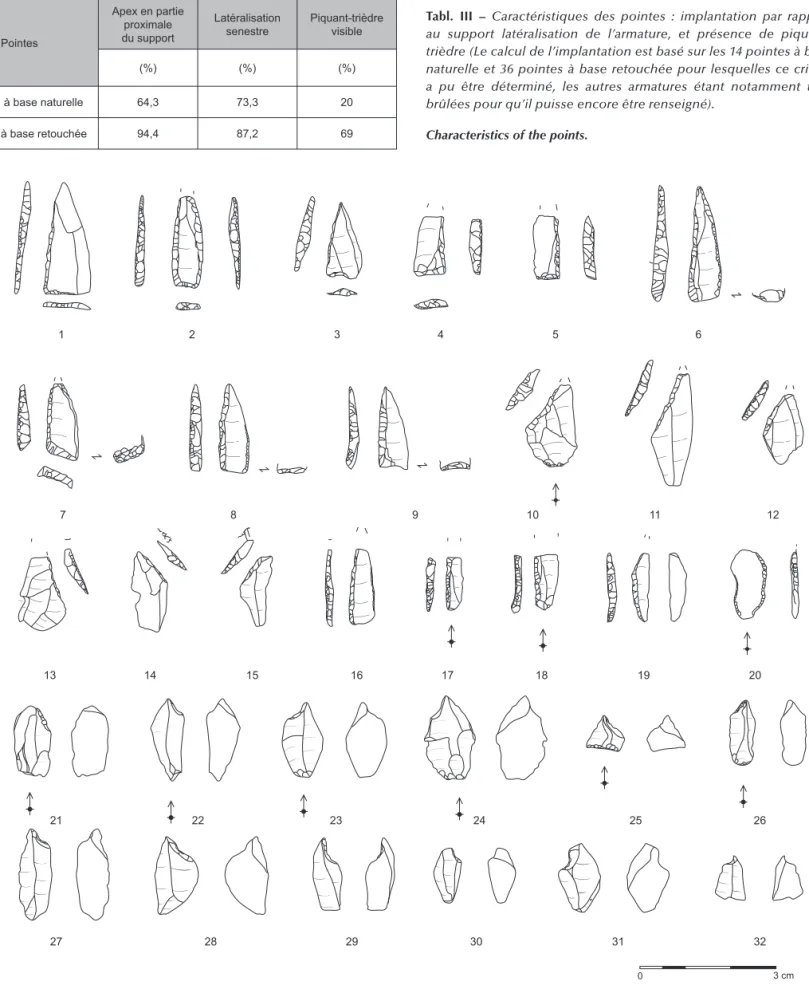 Fig.  9 – Armatures et microburins découverts dans le niveau des foyers inférieurs. 1-9, pointes à base retouchée  ;  10-15, pointes à base naturelle ; 16-18, armatures à bord abattu ; 19, 20, armatures segmentiformes ; 21-32, microburins 