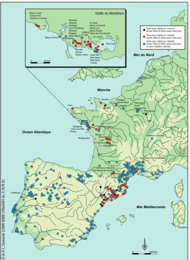 Fig. 1 : Localisation des sites néolithiques d'Europe dans lesquels un ou plusieurs éléments de parure en  callaïs, perles et pendeloques, ont été découverts (d'après Herbault et Querré, 2004).