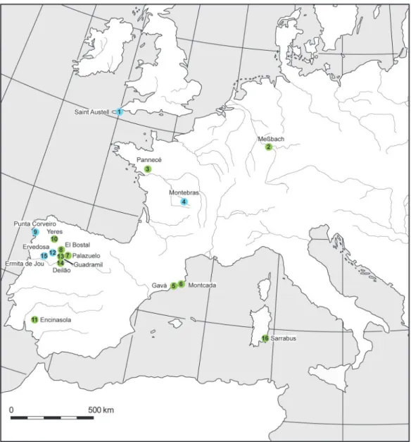 Fig. 2 : principaux gisements de callaïs d'Europe occidentale - points verts : variscite - points  bleus : turquoise (les numéros font référence à ceux figurant dans le tableau 1).