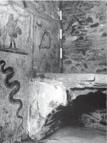 Fig. 10. Fresque représentant des morceaux de porc  autour d’une niche du culte domestique dans la maison I 